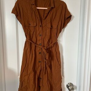 Brown Linen Button-Down Shirt Dress